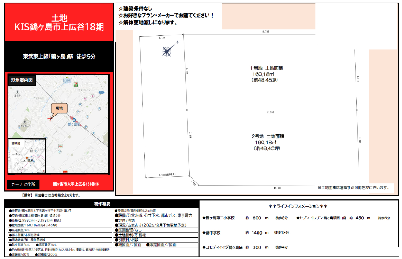 鶴ヶ島市上広谷１８期　建築条件無し売地　全２区画　２号地