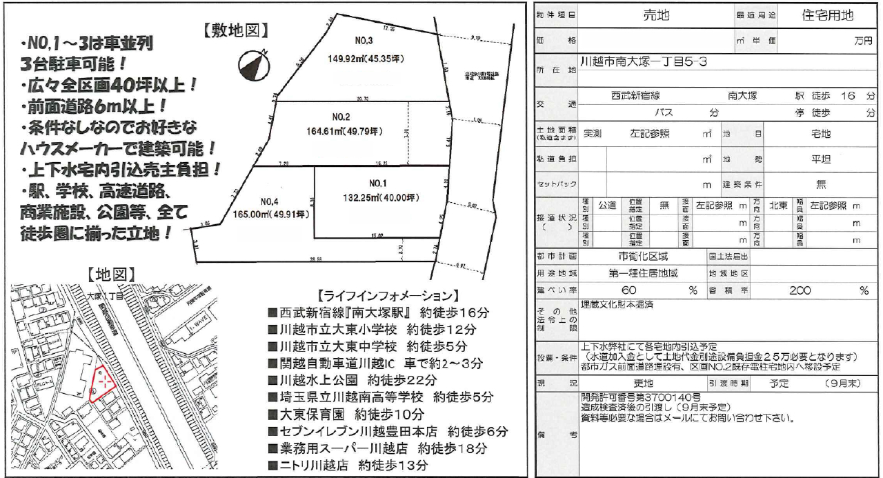 川越市南大塚１丁目　建築条件無し売地　全４区画　No.１