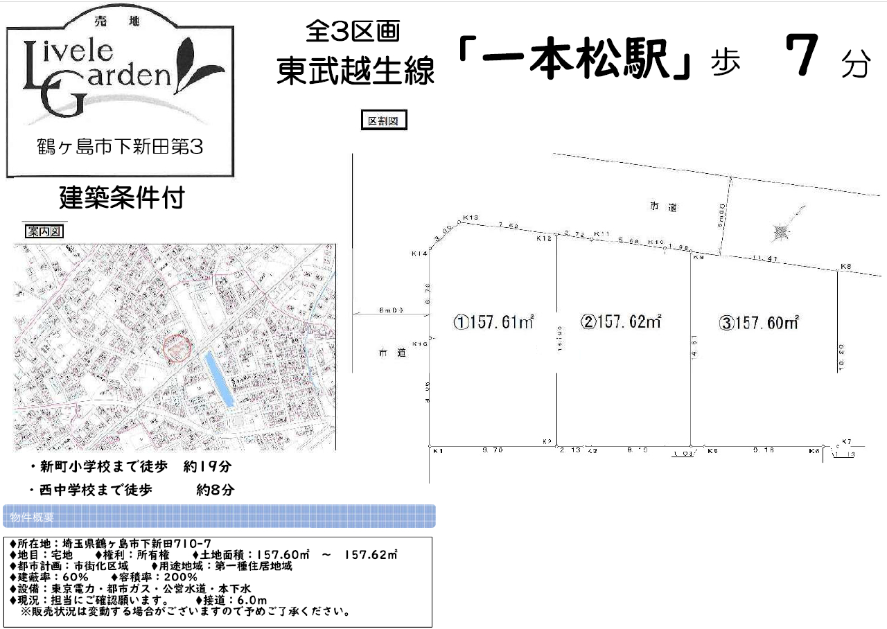 鶴ヶ島市下新田第３　建築条件付き売地　全３区画　仲介手数料無料土地！_画像1