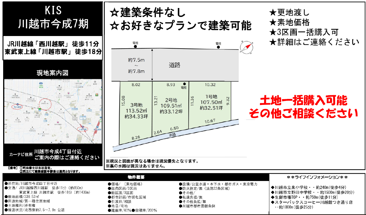 川越市今成７期　建築条件無し売地　全３区画　仲介手数料無料土地！_画像1