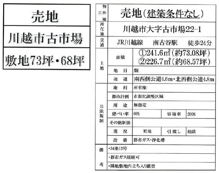 川越市古市場　建築条件無し売地　全２区画　仲介手数料無料土地！_画像2