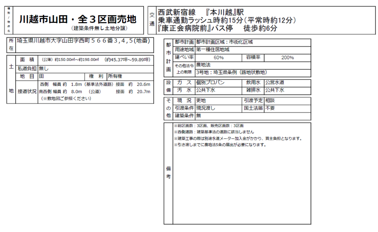 川越市山田　建築条件無し売地　全３区画_画像2