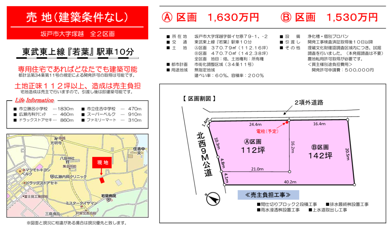 坂戸市塚越土地　建築条件無売り地！全２区画　A区画_画像2