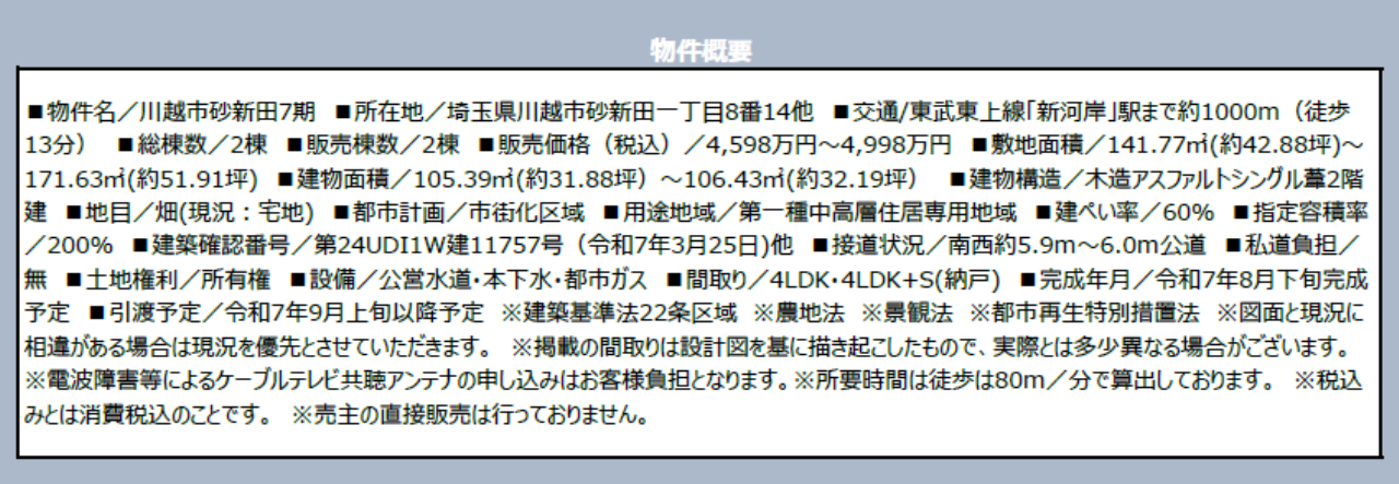 川越市砂新田７期　新築一戸建て　全２棟現場　仲介手数料無料_画像2
