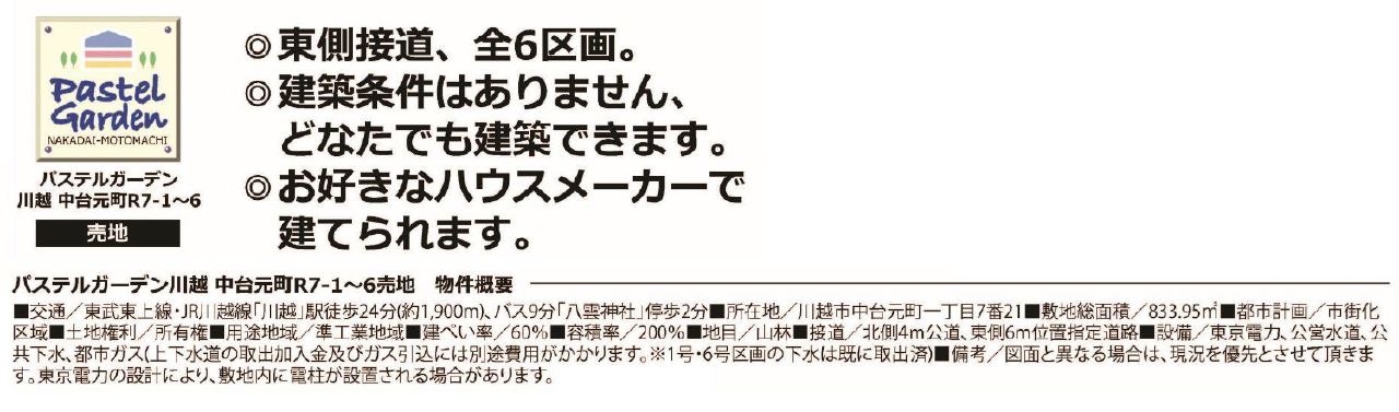 川越市中台元町R7　建築条件無し売地　全６区画　仲介手数料無料土地！_画像2