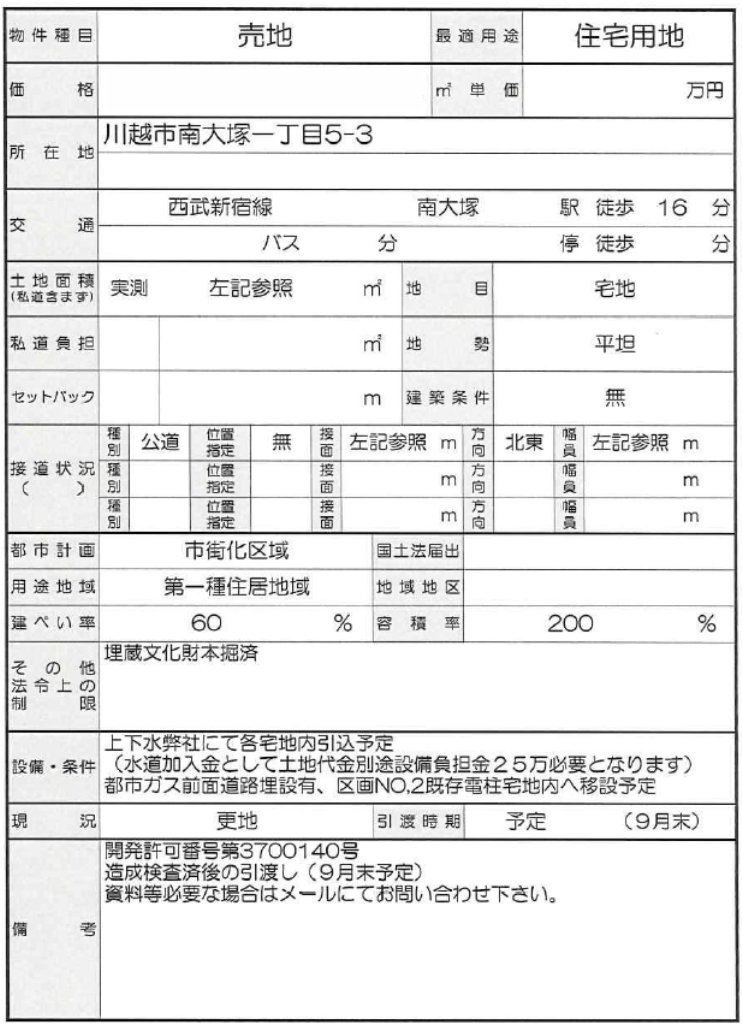 川越市南大塚１丁目　建築条件無し売地　全４区画　仲介手数料無料土地！_画像2